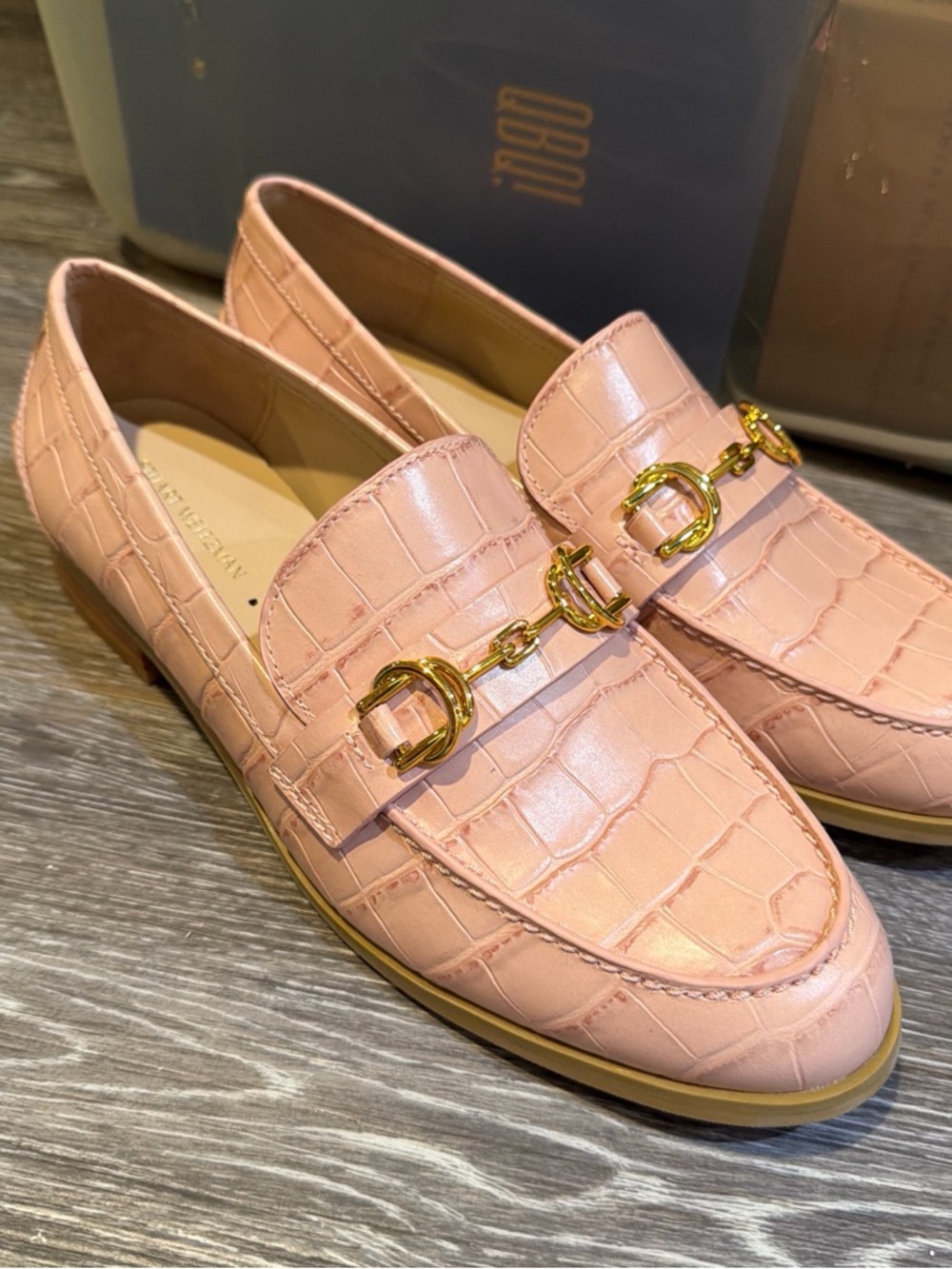 Stuart Weitzman Pink Croc-Embossed Leather Loafers with Gold Horsebit